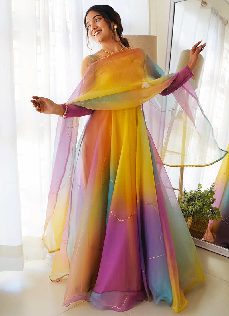 Buy Multi Colour Organza Printed Festival Wear Readymade Gown With Dupatta Online From Surat Wholesale Shop. Buy Multi Colour Organza Printed Festival Wear Readymade Gown With Dupatta Online From Surat Wholesale Shop.