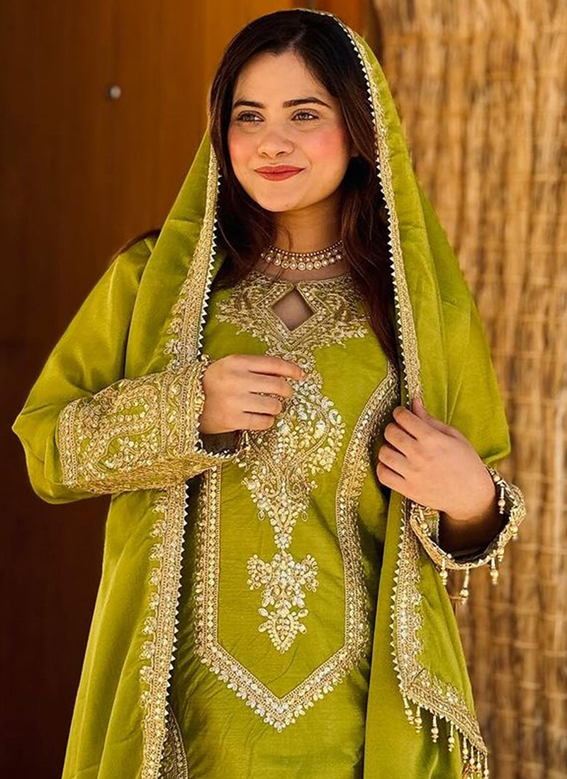 Buy Olive Green Chinnon Embroidery Work Wedding Wear Readymade Pakistani  Suit Online From Surat Wholesale Shop.
