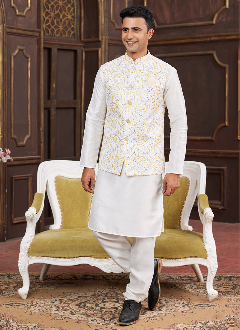 Buy While Banarasi Silk Digital Print Wedding Wear Radymade Modi Jacket  Kurta Pajama Online From Surat Wholesale Shop.