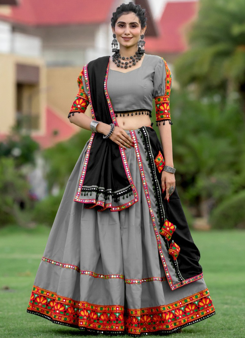 grey navratri dress Buy Grey Pure Cotton Gamthi Work Navratri Wear Lehenga Choli Online From  Surat Wholesale Shop