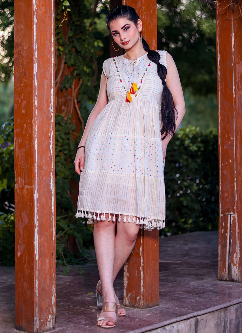 Buy Off White Khadi Cotton Thread Work Casual Wear Readymade Dress Online  From Surat Wholesale Shop.
