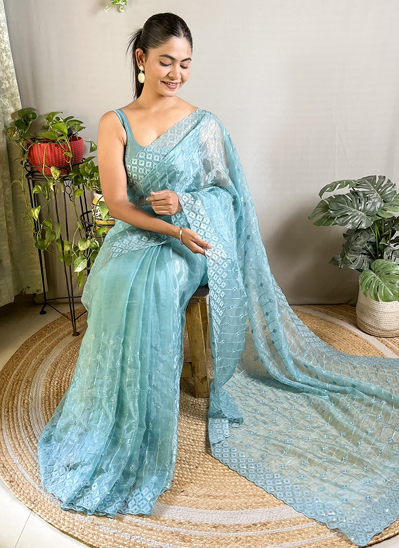 blue saree dress COBALT BLUE PRE DRAPED SAREE SET 00