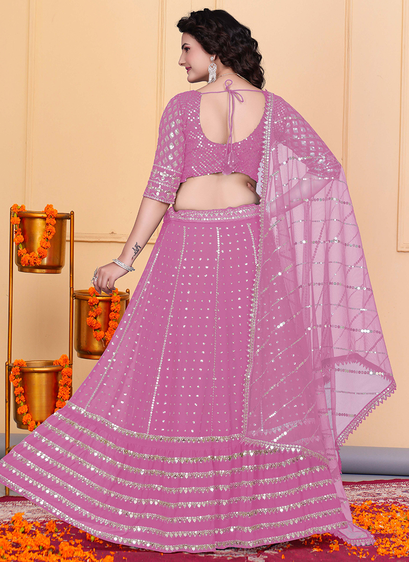 Buy Pink Georgette Embroidery Work Reception Wear Lehenga Choli Online ...