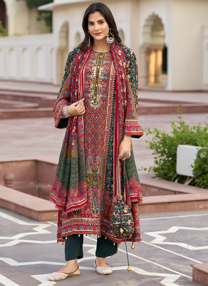 Buy Multi Color Heavy Chinnon Digital Embroidery Work Eid Wear Readymade Pakistani  Suit Online From Surat Wholesale Shop.
