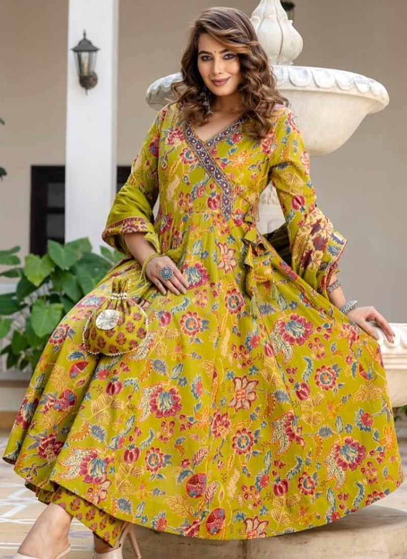 knee length dresses for ladies Cotton Embroidered Calf Length Anarkali Kurta –Rangita main image 1