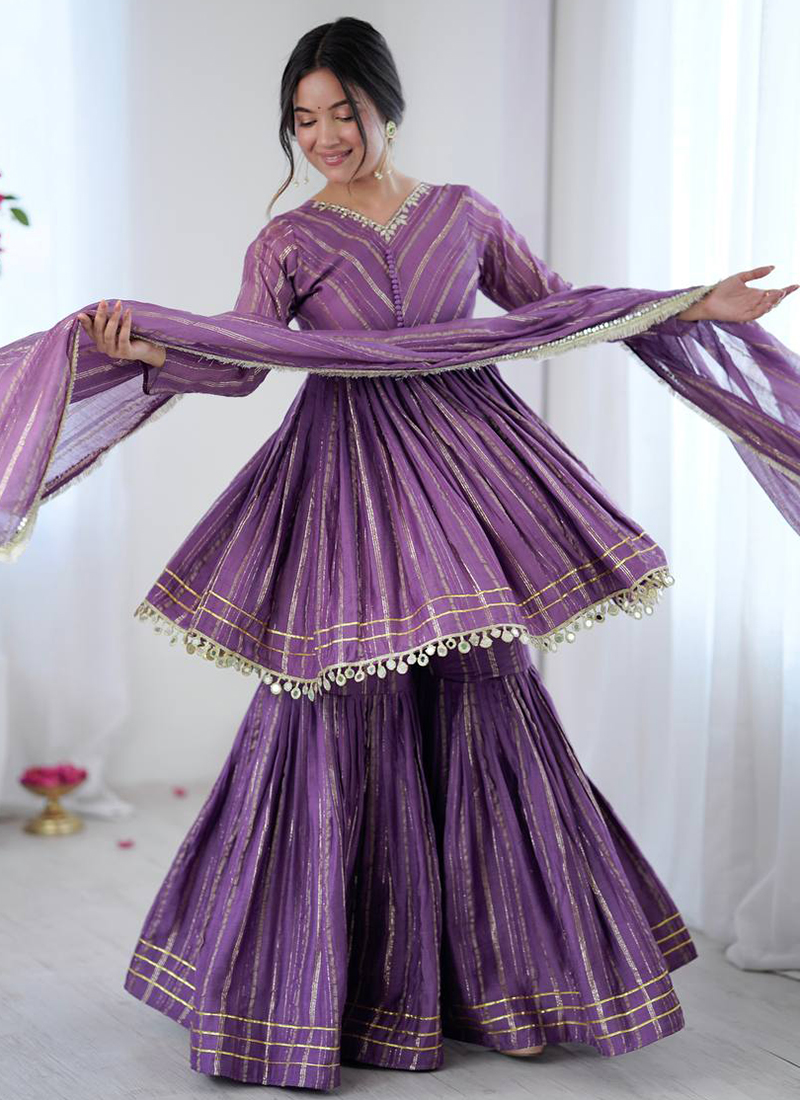 strapless open back dress Heavy Embroidery Purple Color Sharara Suit For Wedding main image 0