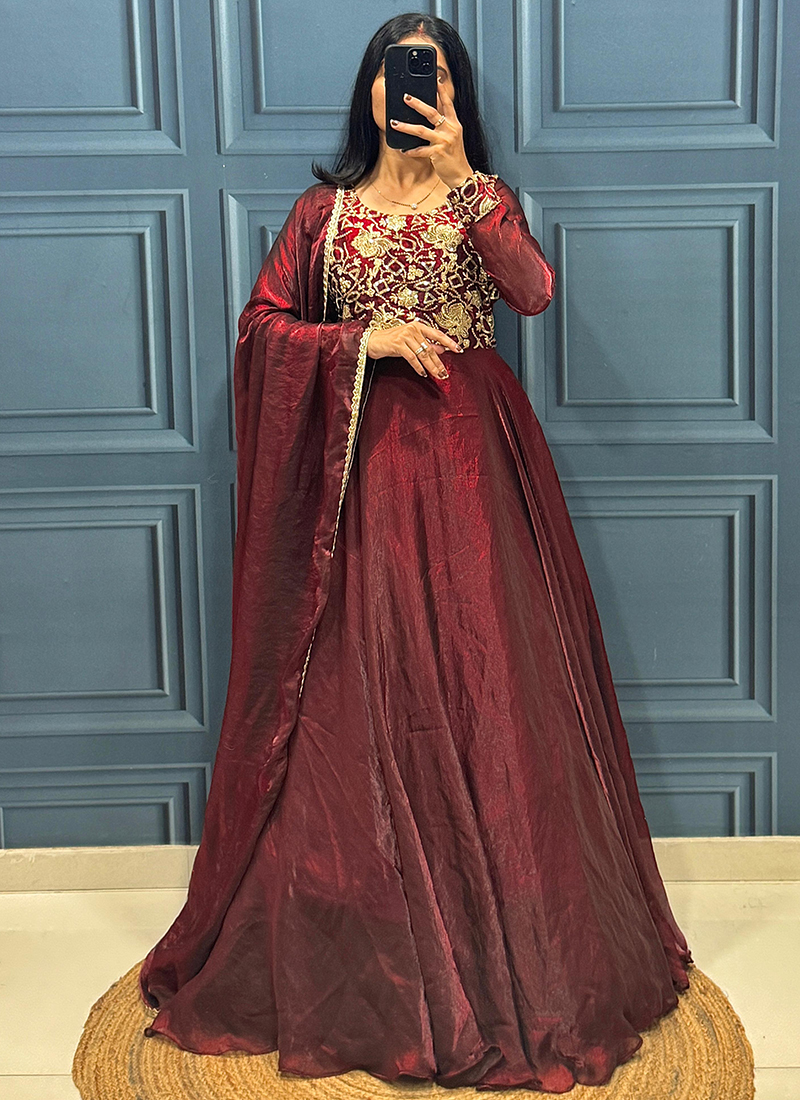 Buy Maroon Fendi Silk Sequins Embroidery Work Party Wear Readymade Anarkali  Gown Online From Surat Wholesale Shop.