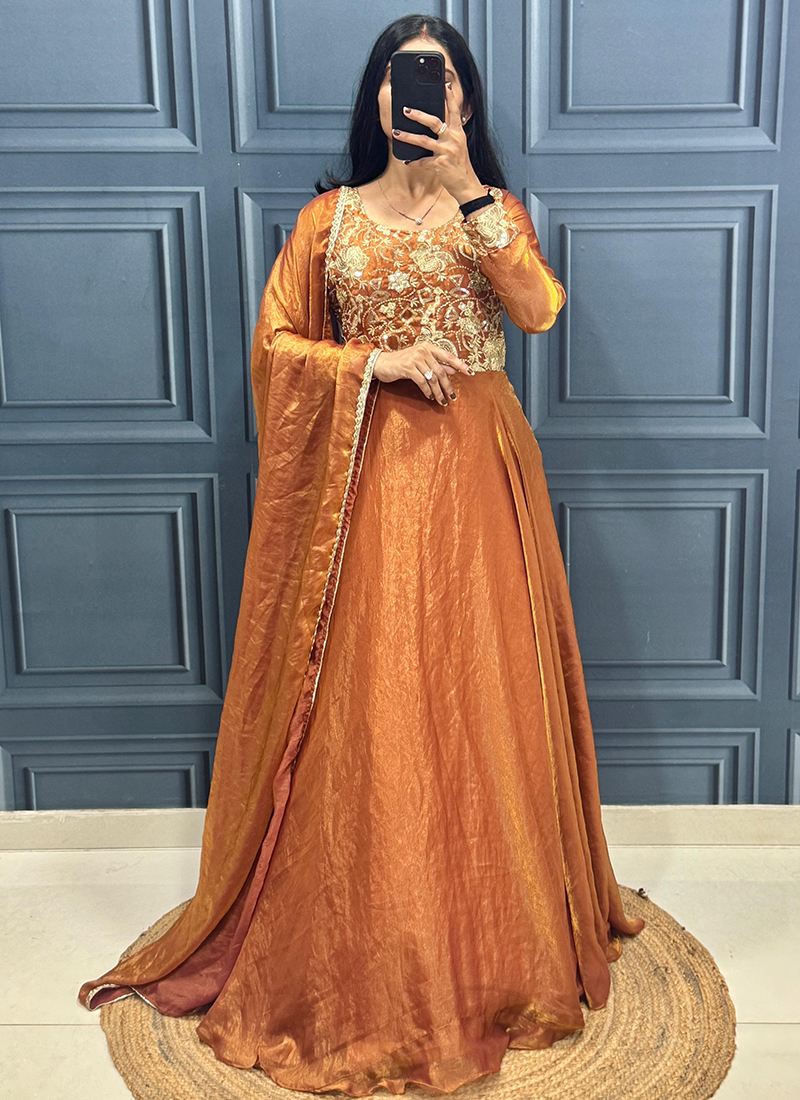 Buy Mustard Fendi Silk Sequins Embroidery Work Party Wear Readymade  Anarkali Gown Online From Surat Wholesale Shop.