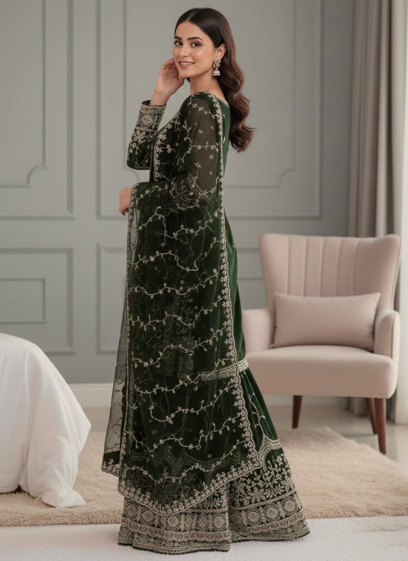 Buy Dark Green Fendi Silk Sequins Work Eid Wear Readymade Sharara Suit  Online From Surat Wholesale Shop.