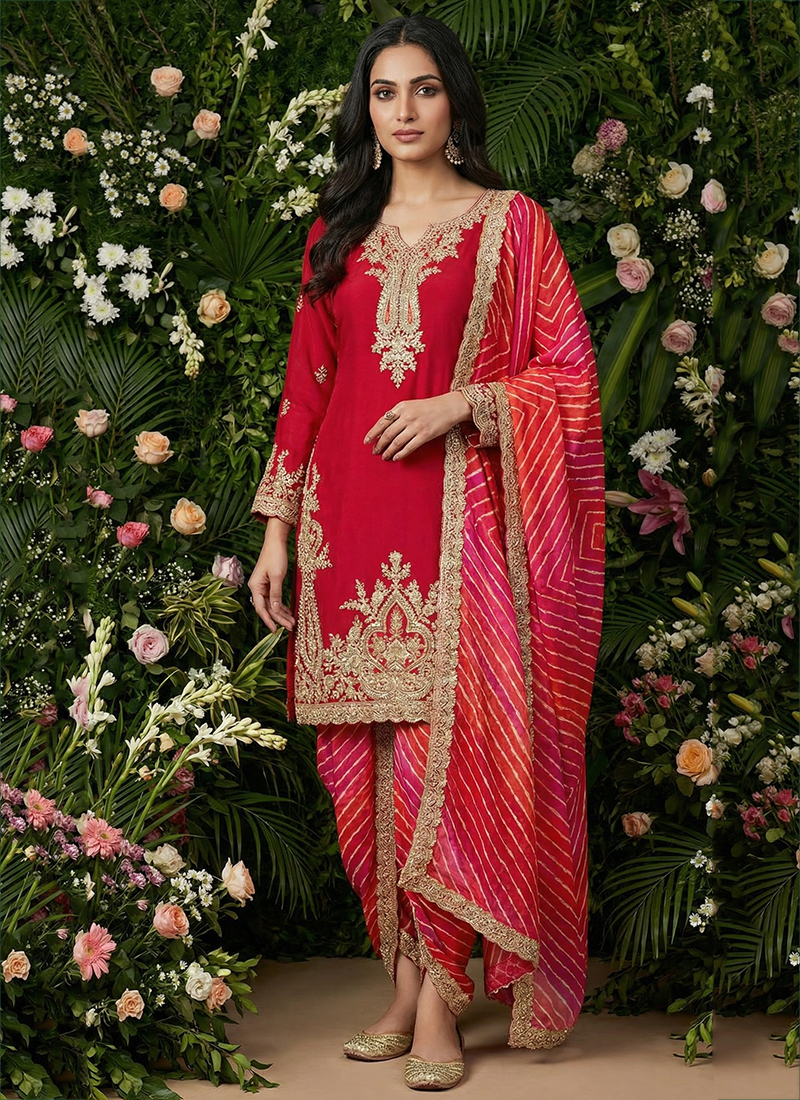 open lace back dress Shop Red Art Silk Semi Stitched Patiala Suit – vastradi.com main image 1