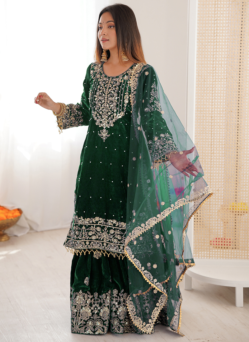 slim fit dress slacks Parrot Green Color Elbow Sleeves Fully Sequins Work Sharara main image 0