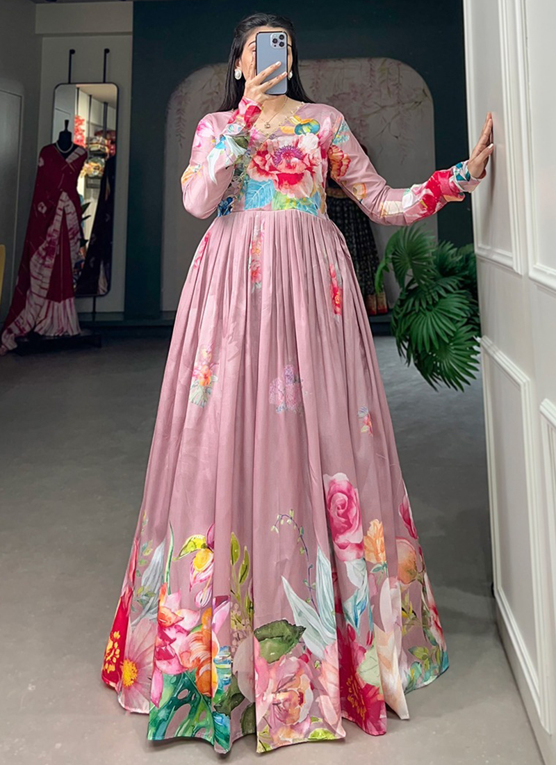 drop waist dress next Dusty Rose Designer Gown with Embroidered Bodice & Floral Border Flair main image 1