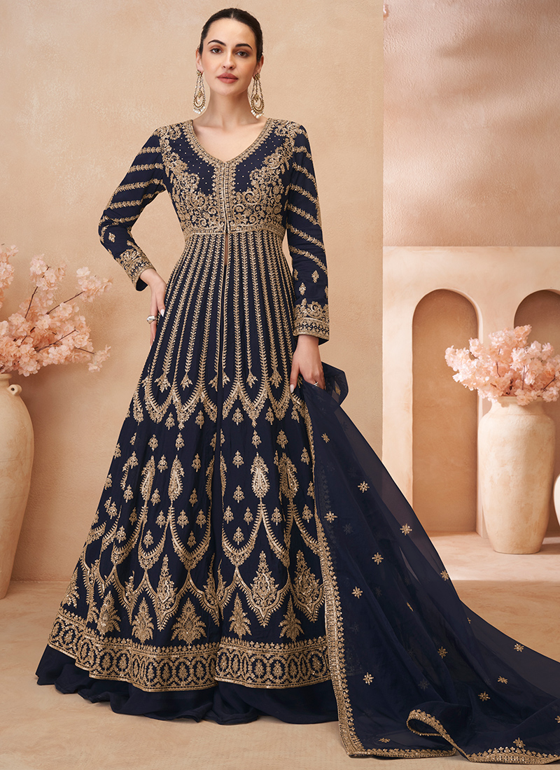 blue and gold anarkali dress Royal Blue Silk Anarkali Suit Set With Satin-Silk Dupatta main image 1