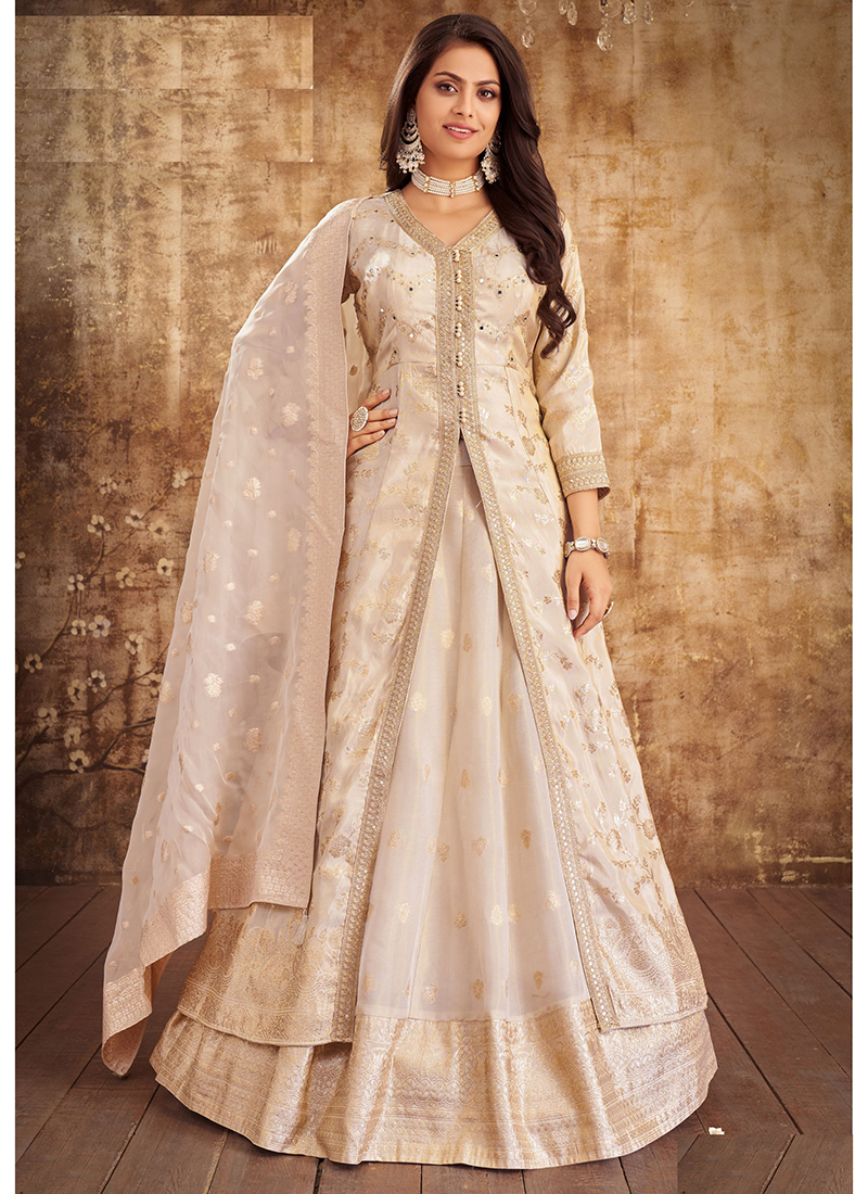 Buy Cream Tissue Silk Designer Wedding Wear Readymade Anarkali Suit Online  From Surat Wholesale Shop.