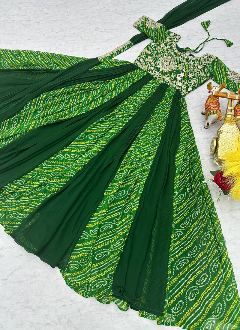 green emerald velvet dress Green Bandhani Printed Rayon Gown With Dupatta