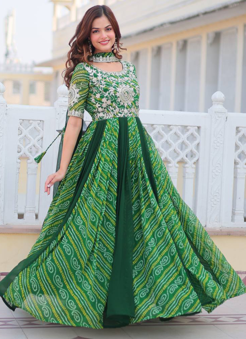 Buy Green Georgette Bandhani Print Party Wear Readymade Anarkali Suit  Online From Surat Wholesale Shop.