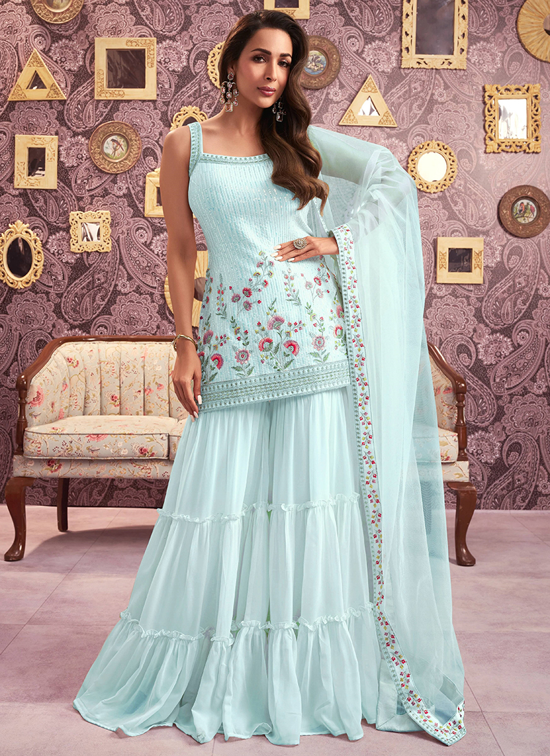 Buy Sky Blue Georgette Embroidery Work Party Wear Readymade Sharara Suit  Online From Surat Wholesale Shop.