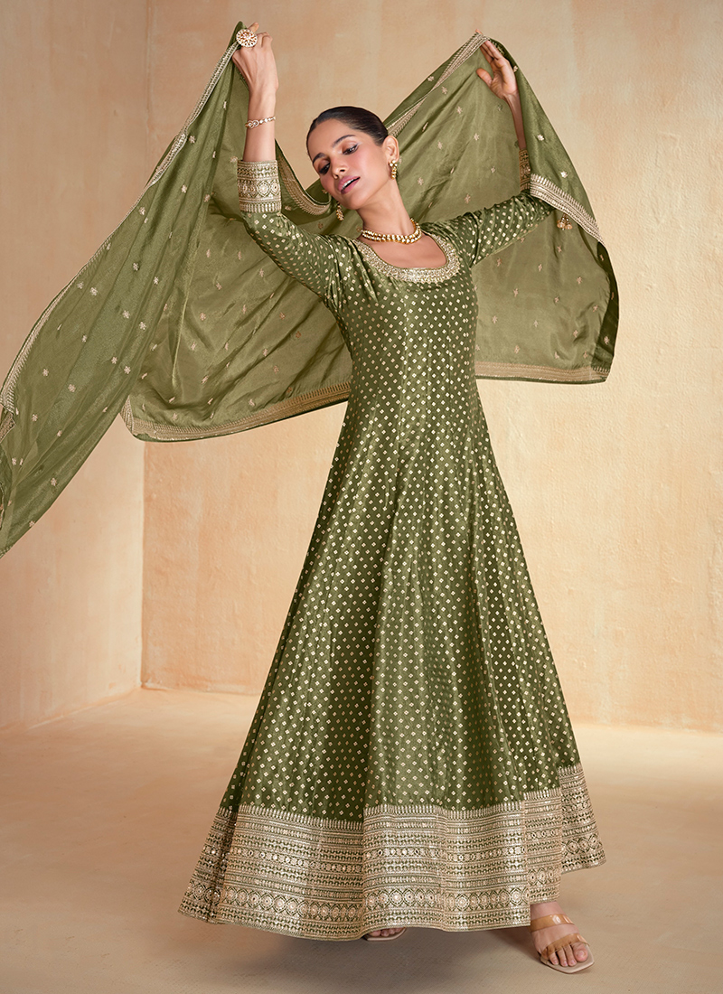 green emerald velvet dress Green Color Georgette Anarkali Suit with Dupatta main image 0