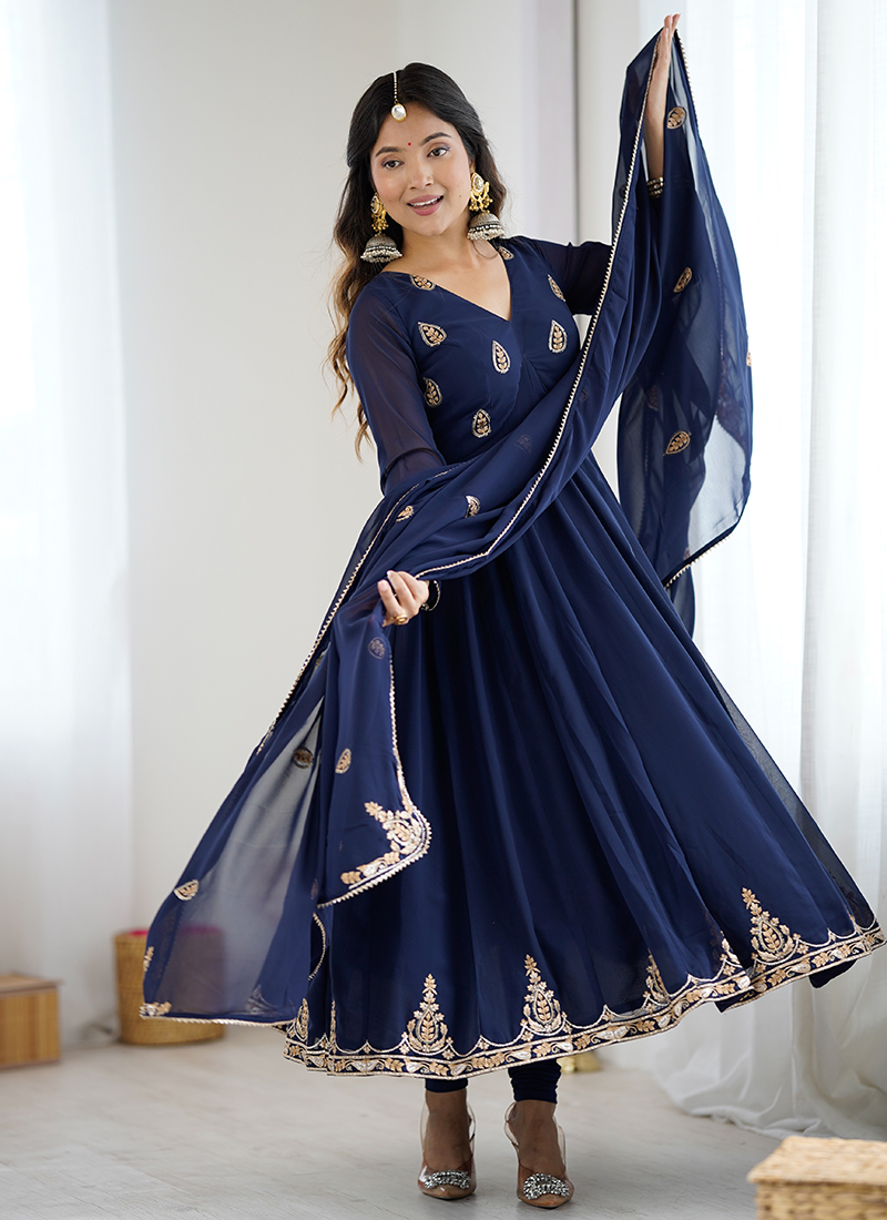 Buy Navy Blue Georgette Zari Work Party Wear Readymade Anarkali Suit Online  From Surat Wholesale Shop.