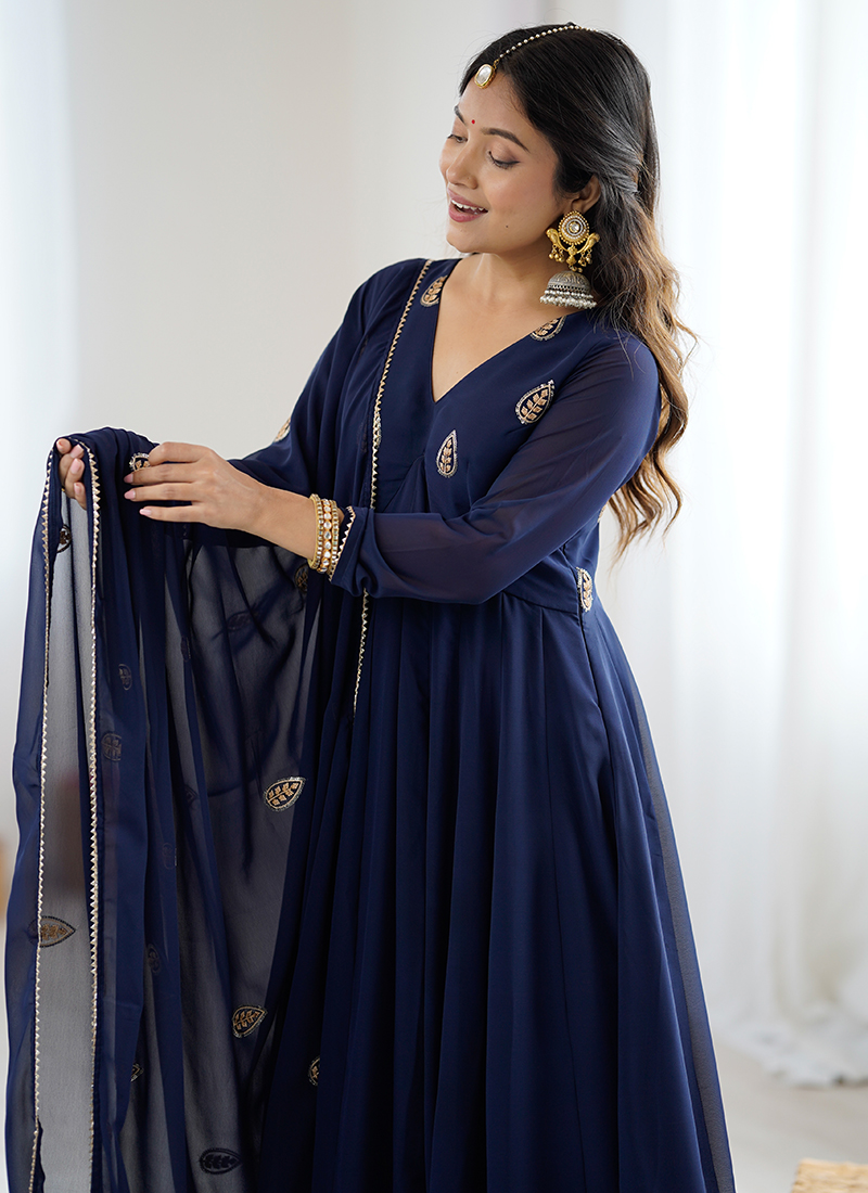dark blue anarkali dress Dark Blue Anarkali Set With Flora Embroidery work Dupatta – Jhalak Kalpi main image 1