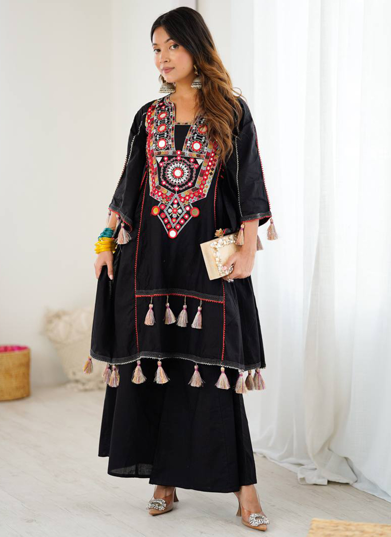 Buy Black Khadi Cotton Mirror Work Party Wear Readymade Sharara Suit Online  From Surat Wholesale Shop.