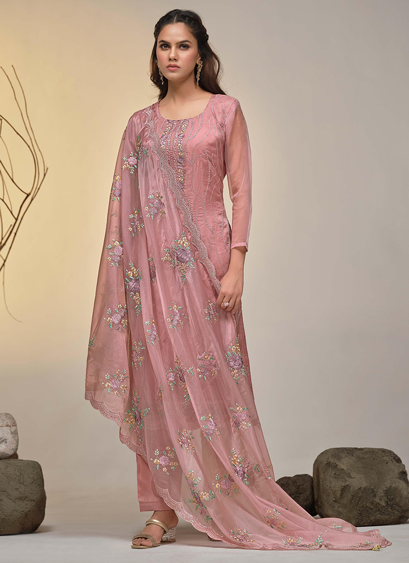 Buy Dusty Rose Soft Organza Sequin Work Festival Wear Pakistani Suit Online  From Surat Wholesale Shop.