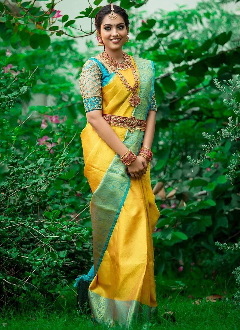 Jacquard Lichi Silk Yellow Saree With Unstiched Blouse Piece main image 0