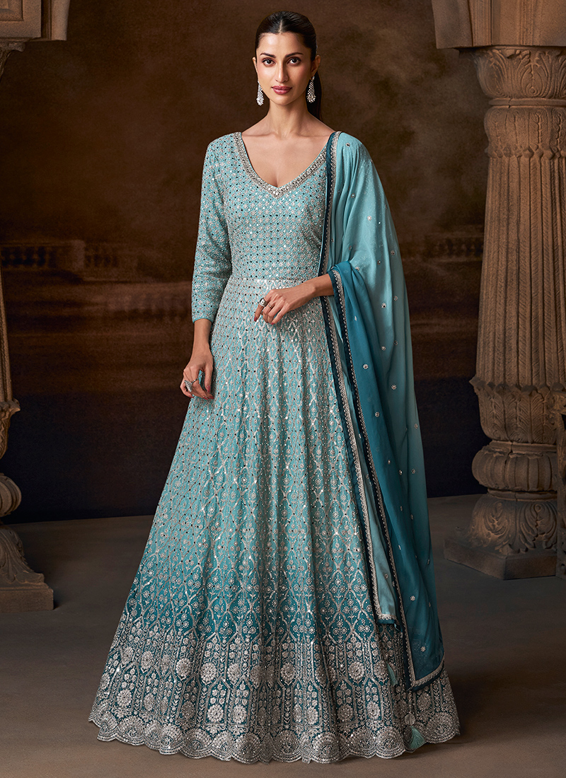 Buy Sky Blue Chinnon Silk Embroidery Work Bridal Wear Readymade Anarkali  Suit Online From Surat Wholesale Shop.