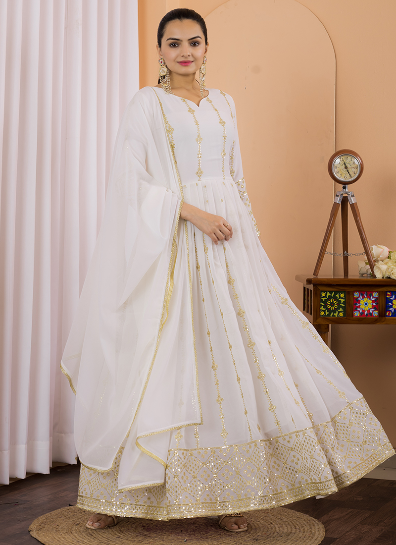 prince william looking at kate in gold dress Ivory Front Cut Anarkali Gown Set – Kabra The Fashionista main image 0