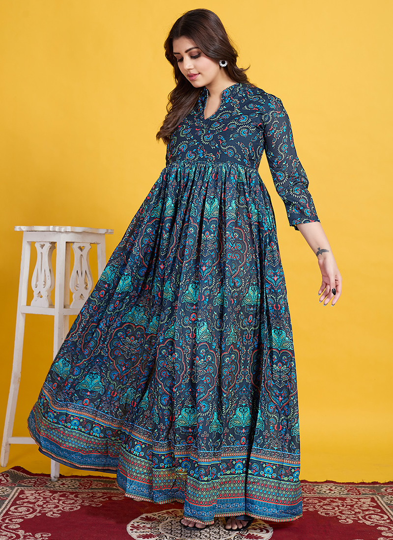 Buy Navy Blue Muslin Printed Casual Wear Readymade Gown Online From Surat  Wholesale Shop.