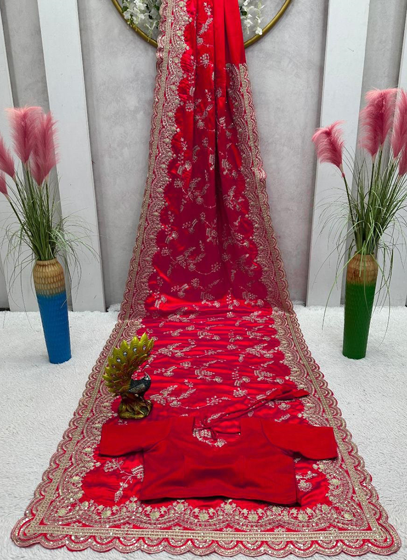 Buy Red Soft Rangoli Silk Sequence And Thread Embroidery Work Party ...