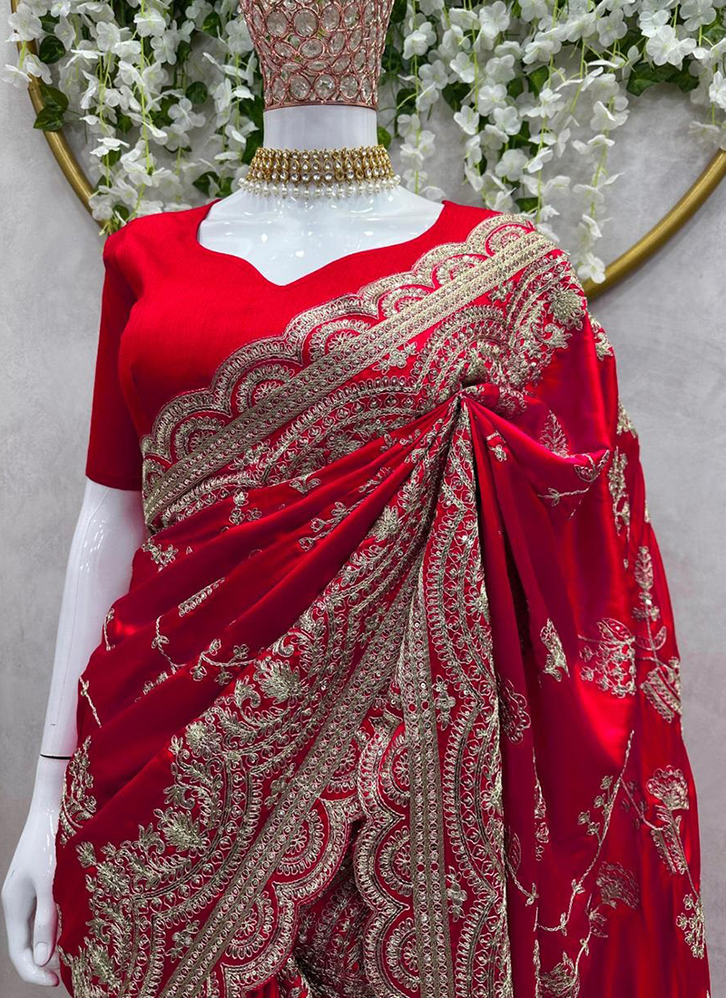 Buy Red Soft Rangoli Silk Sequence And Thread Embroidery Work Party ...