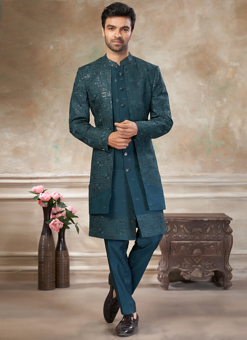 green indo western dress for male Men's Green Banarasi Jacquard Embroidery Indo Western Set – Trendia main image 1