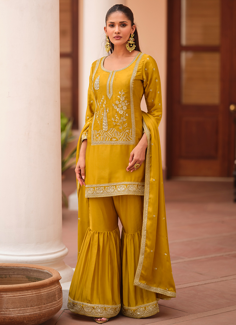 Buy Mustard Golden Satin Silk Sequin Work Party Wear Readymade Sharara Suit  Online From Surat Wholesale Shop.