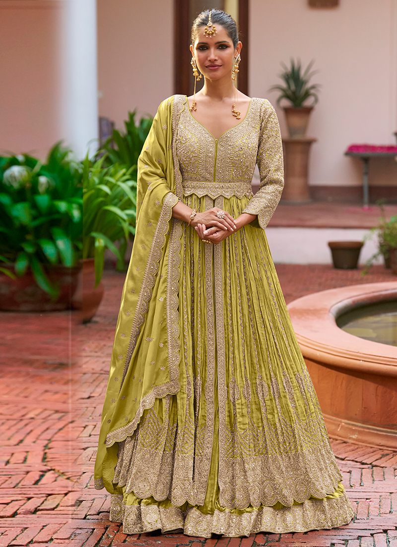 Buy Olive Green Chinon Embroidery Work Party Wear Readymade Anarkali Suit  Online From Surat Wholesale Shop.