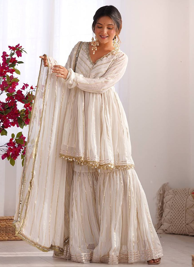 Buy Cream Chanderi Zari Work Festival Wear Readymade Sharara Suit Online  From Surat Wholesale Shop.