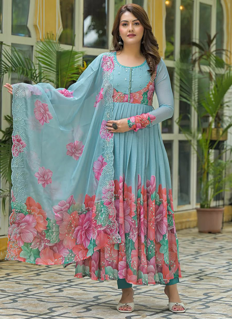 blue party dresses for teens Sky Blue & Pink Anarkali Dress with Golden Embroidery  Maybell Womens  Fashion