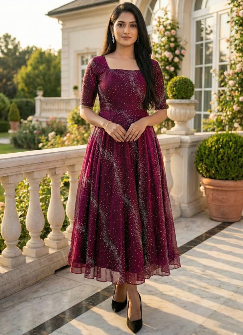 Buy Maroon Fendy Silk Sequins Work Casual Wear Readymade Gown Only Online  From Surat Wholesale Shop