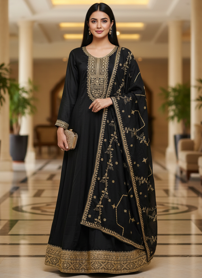 Buy Black Silk Embroidery Work Occasional Wear Readymade Anarkali Suit  Online From Surat Wholesale Shop.