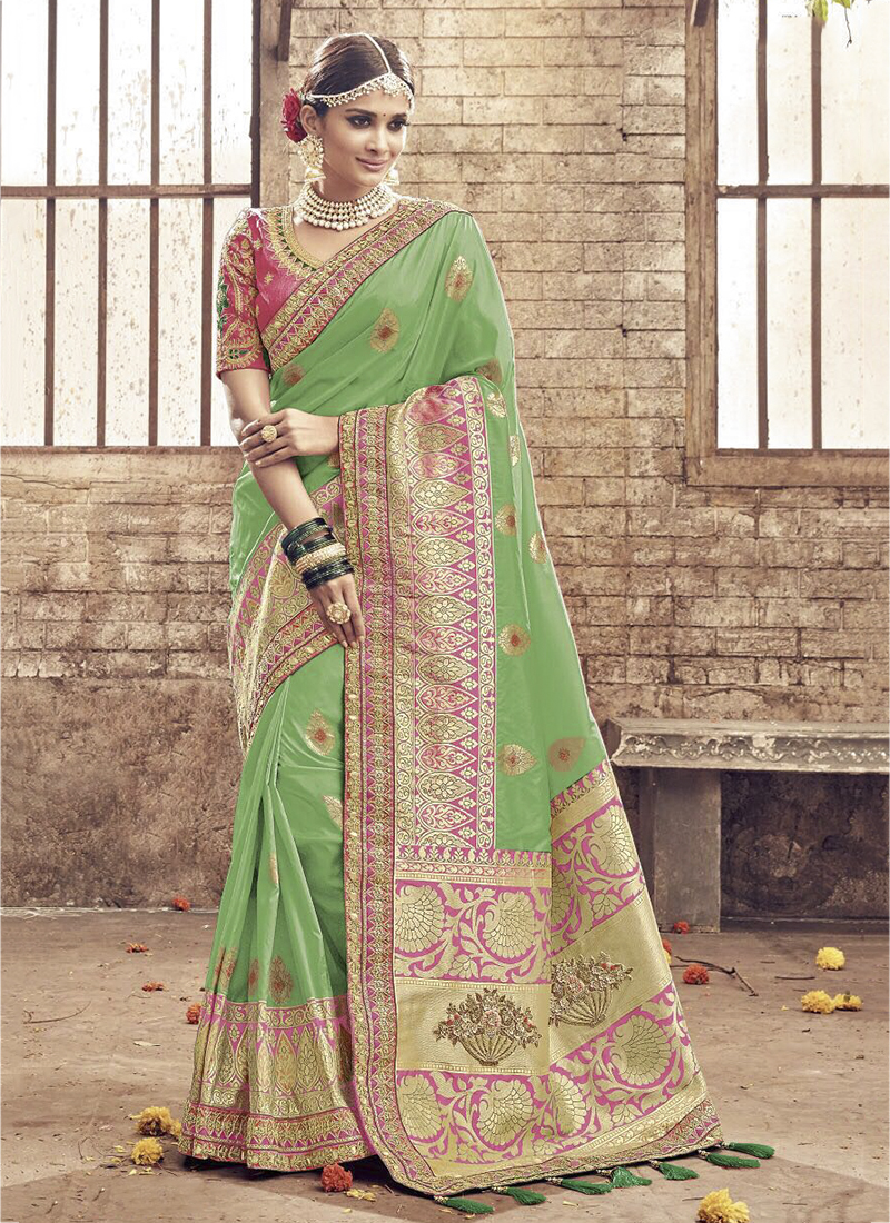 Buy Bridal Wear Green Banarasi Silk Heavy Embroidery Work Saree Online From  Surat Wholesale Shop.