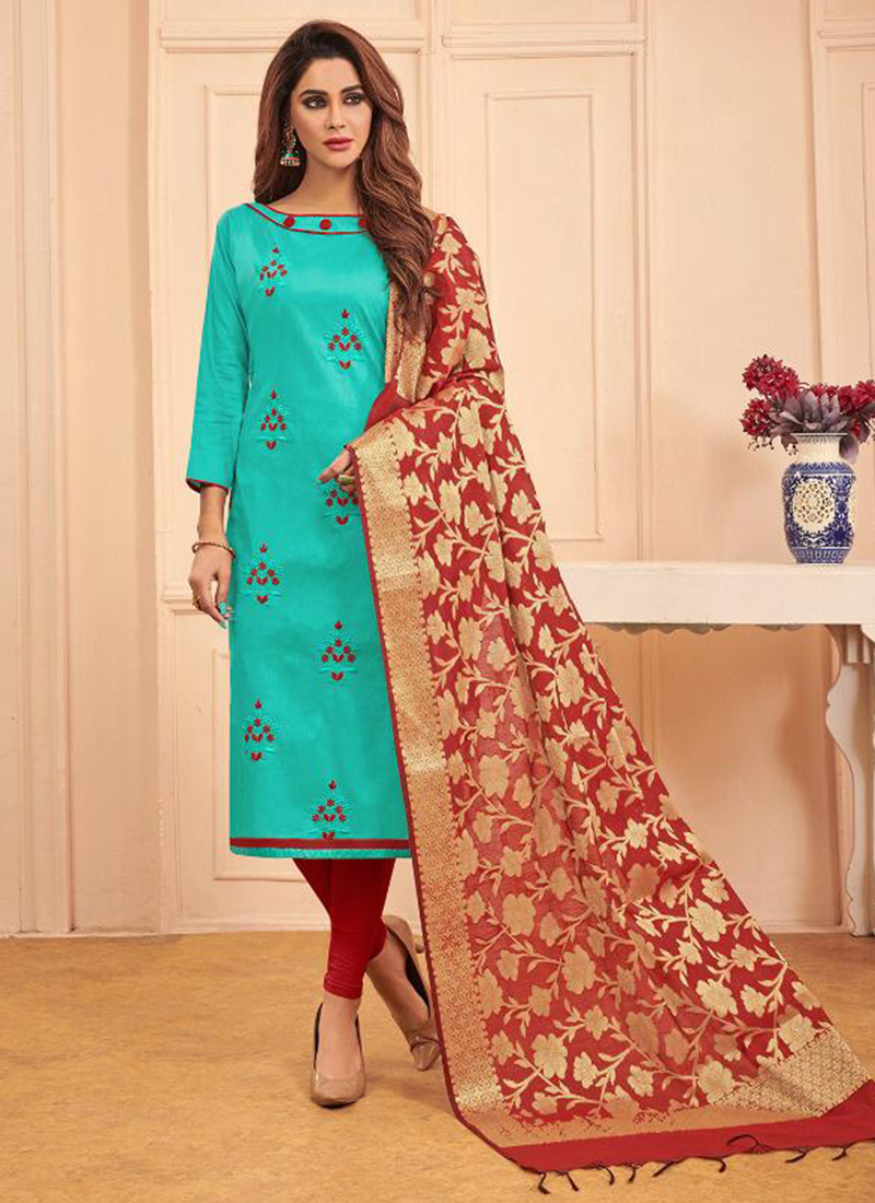 Cotton embroidery work fancy churidar suits with banarasi dupatta Cotton embroidery work fancy churidar suits with banarasi dupatta