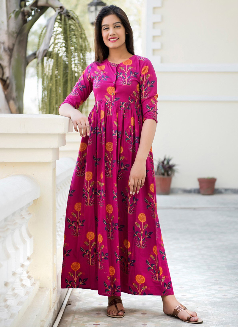 Stylish Kurtis Kurtas Floral Printed Anarkali Style Ankle Length Gown Kurti  with Attached Dori Tassels and