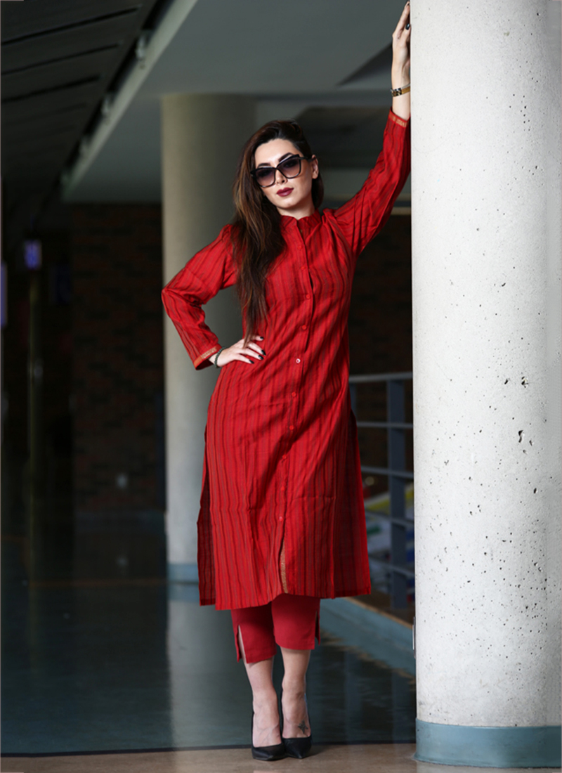 Designer Red Color Silk Kurti with Pant