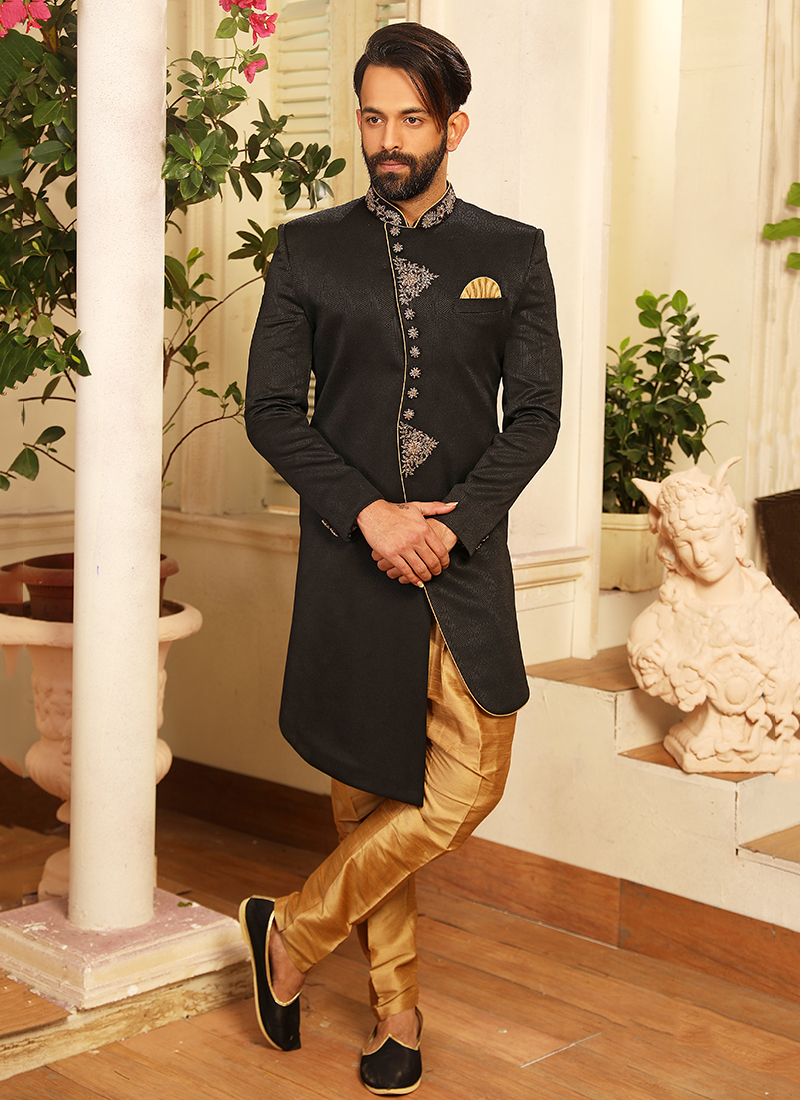 Grey Silk Sherwani with Sequin Embroidered Moroccan Jaal Jacket -...