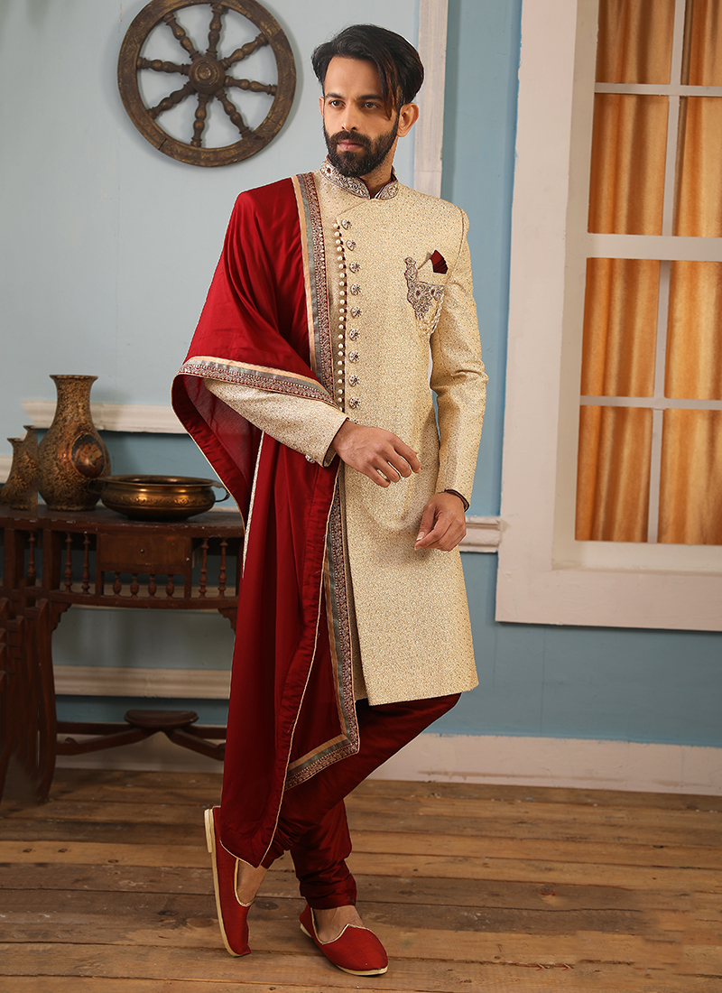 Buy Indian Dress Jacquard Cream Men Sherwani MSTV01285
