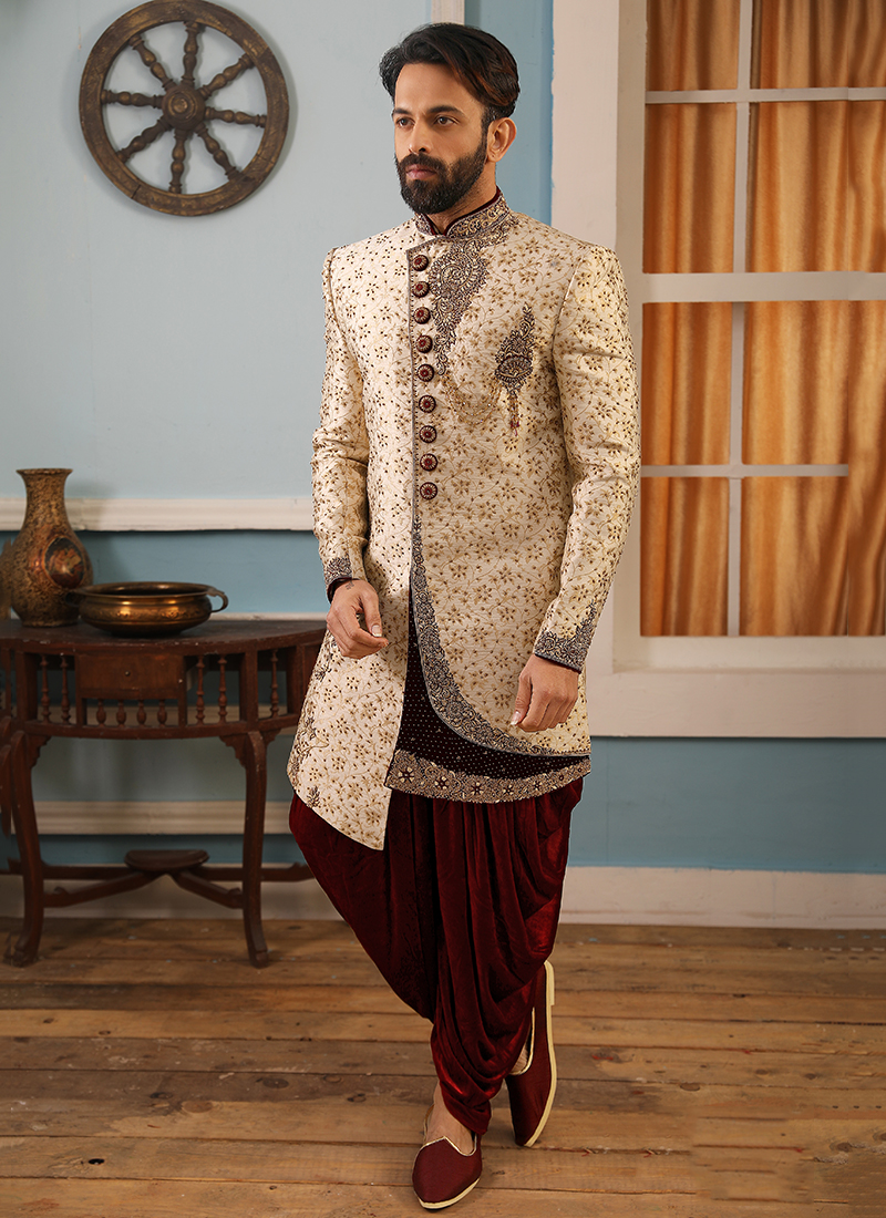 Beige and White Colour Designer Exclusive Wedding Wear Sherwani Suit D