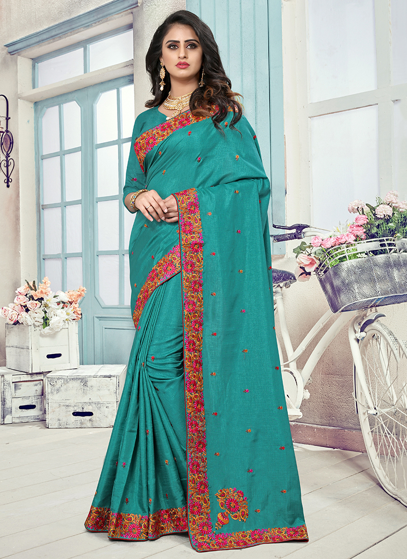 Buy FUSIONIC Sea Green Color Georgette Fabric Gota And Resham Work Saree  For Women at Amazon.in